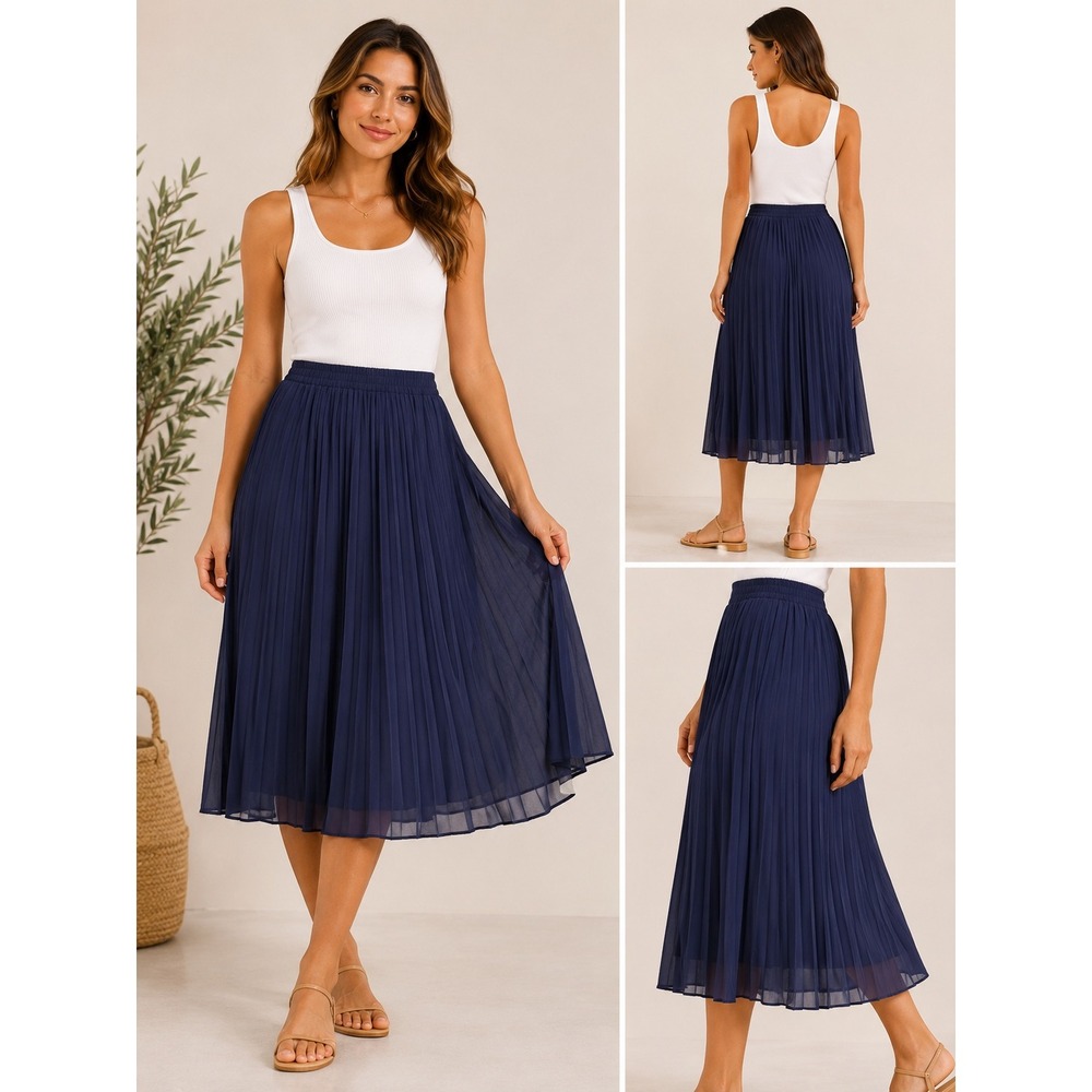 Octavia Navy Blue Pleated Midi Skirt Elastic Waist Lined Size M OX-6664